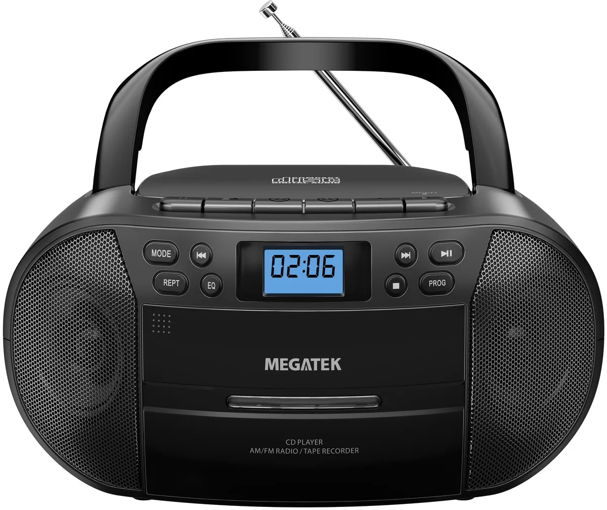 MEGATEK CBR510-BLK Portable CD Cassette Boombox Bluetooth AM FM USB AUX — product photo