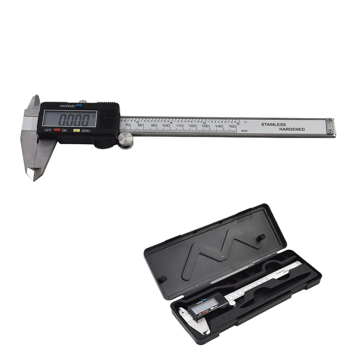 Stainless steel digital caliper with large LCD screen and knurled thumb roller