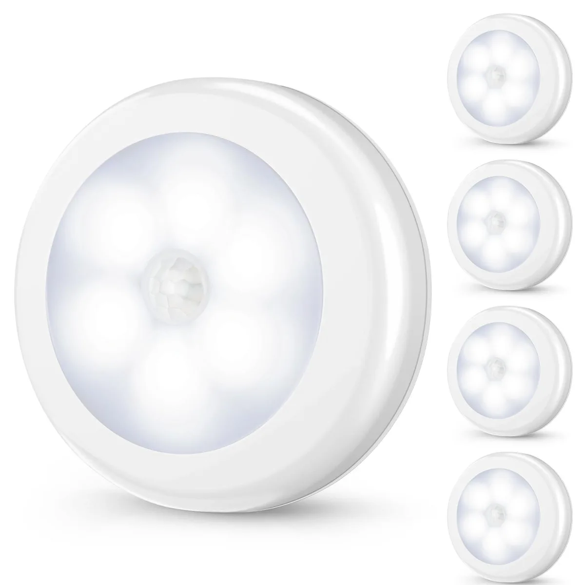 Four square white LED night lights with motion sensors and magnetic backing