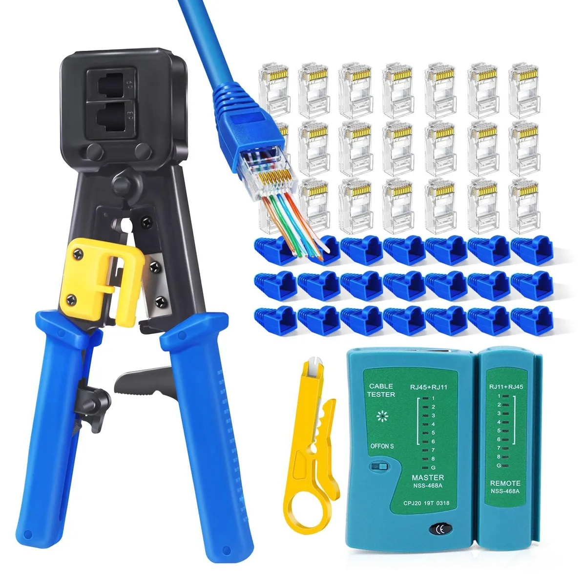 KEHIPI KEHIPI RJ45 Pass-Through Crimp Tool Kit with 50 Connectors, 50 Covers, Stripper, Tester — product photo