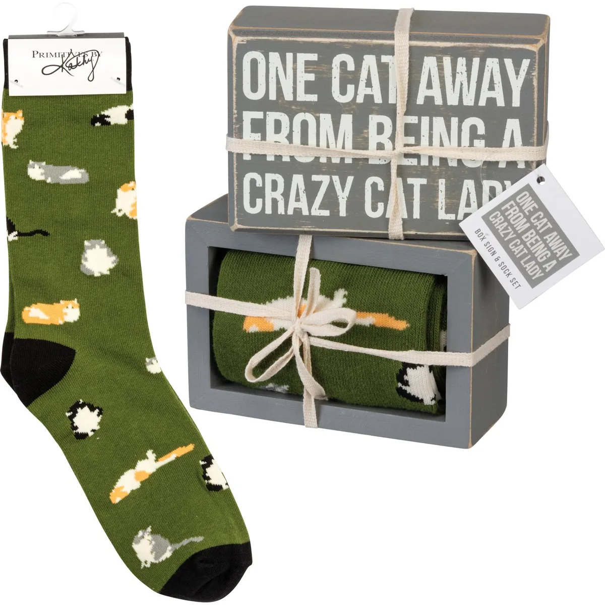Primitives By Kathy Primitives By Kathy Box Sign &amp; Sock Set "One Cat Away" 4.5 — product photo