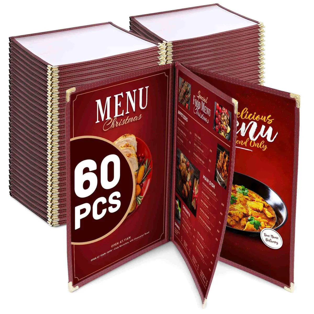 Yescom USA, Inc. Yescom USA, Inc. WeChef 60 Pack Menu Covers Burgundy 11x8.5" Book Style 3 Pages 6 View — product photo