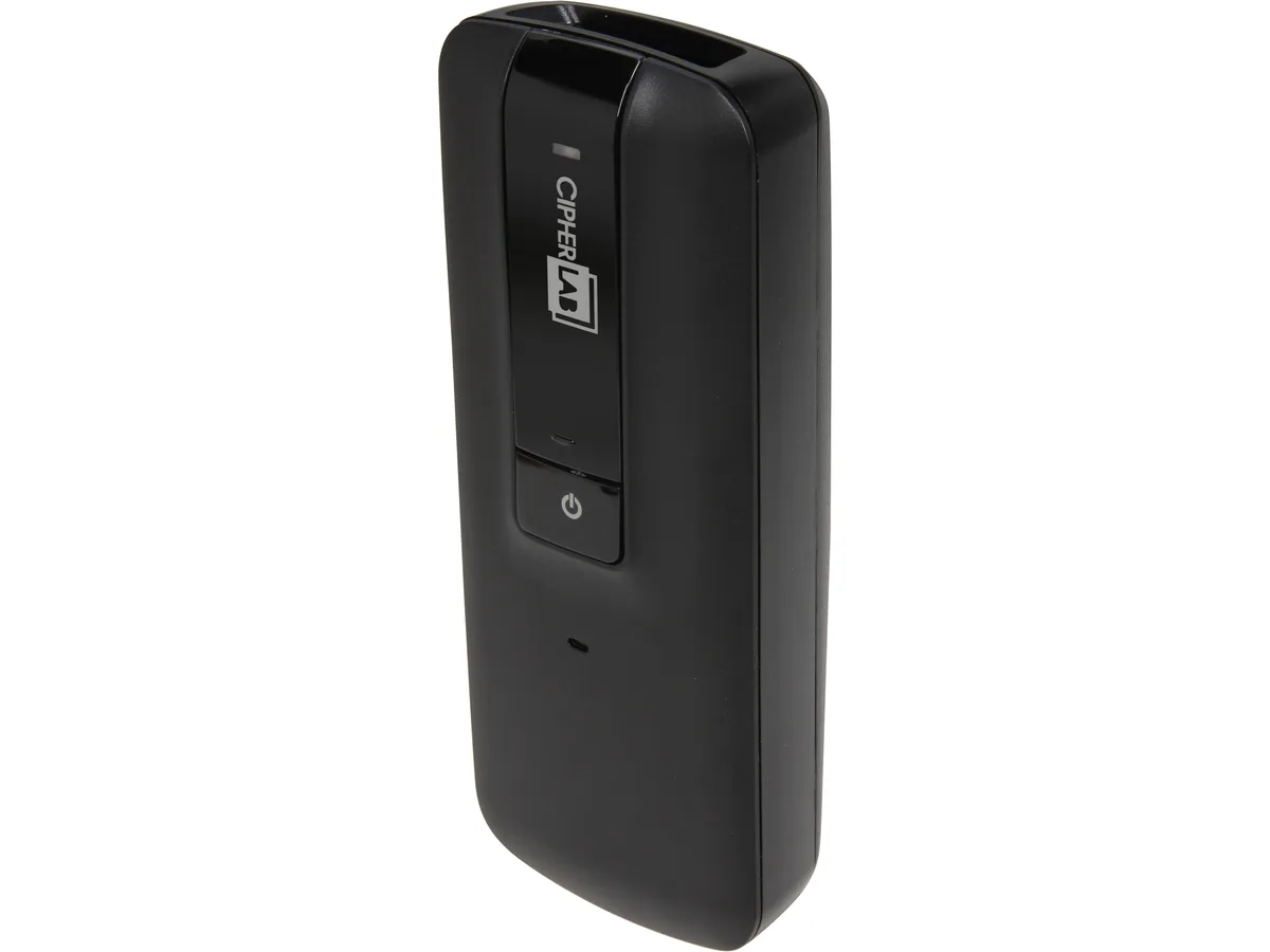 Small black handheld laser barcode scanner with USB cable
