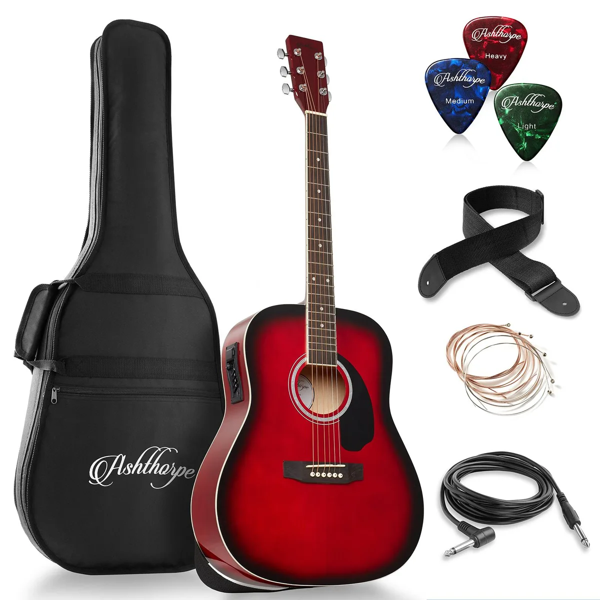 Ashthorpe Ashthorpe Full-Size Dreadnought Acoustic-Electric Guitar Bundle Red 41 4.5 — product photo