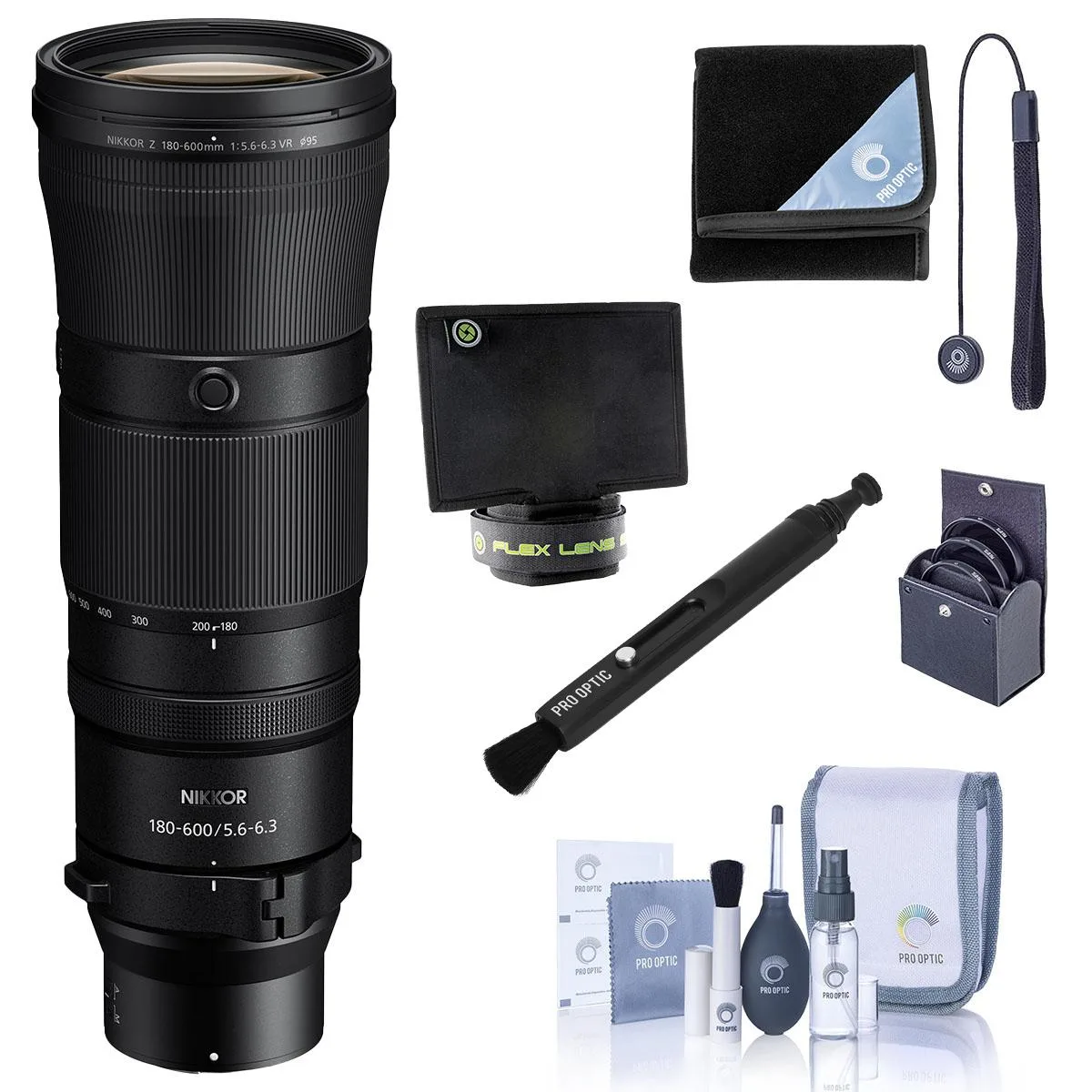 Nikon Inc Nikon NIKKOR Z 180-600mm f/5.6-6.3 VR Lens Bundle Flex Shade Cleaner Kit Cap Tether — product photo