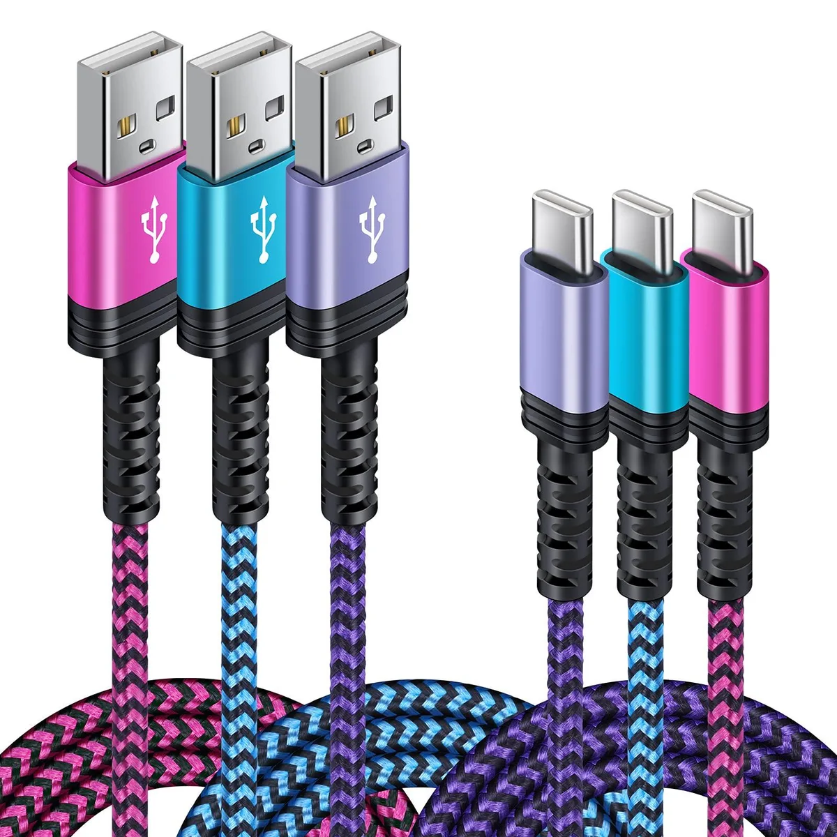 Three orange USB-C cables with braided nylon finish, six feet long