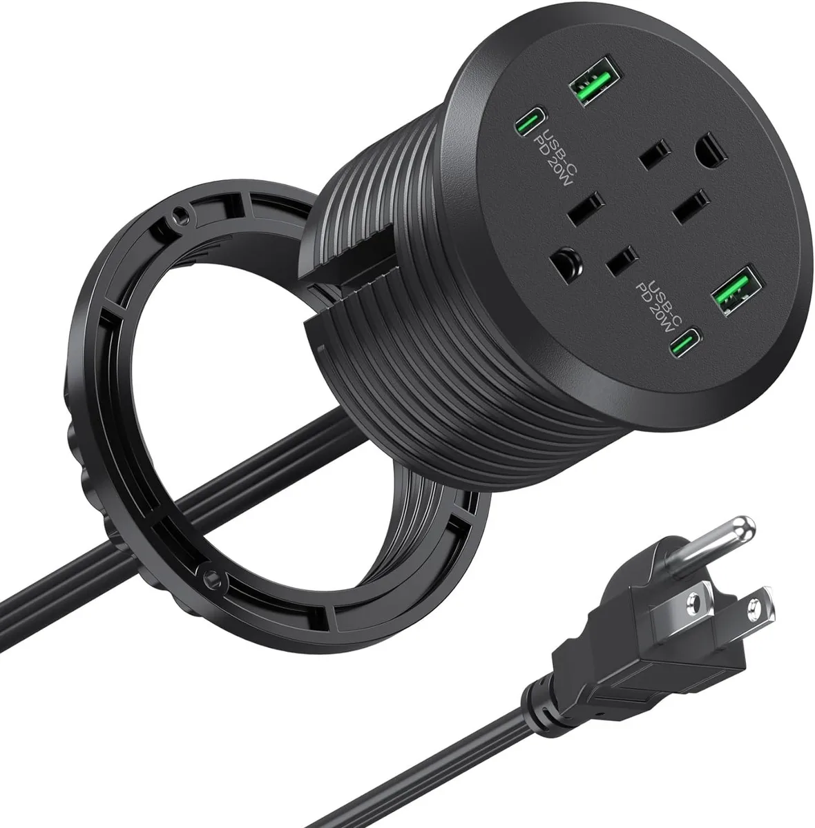 BFKK BFKK 3-inch desk power grommet 40W 2 PD 20W USB-C 2 AC 3 USB 6ft cord — product photo