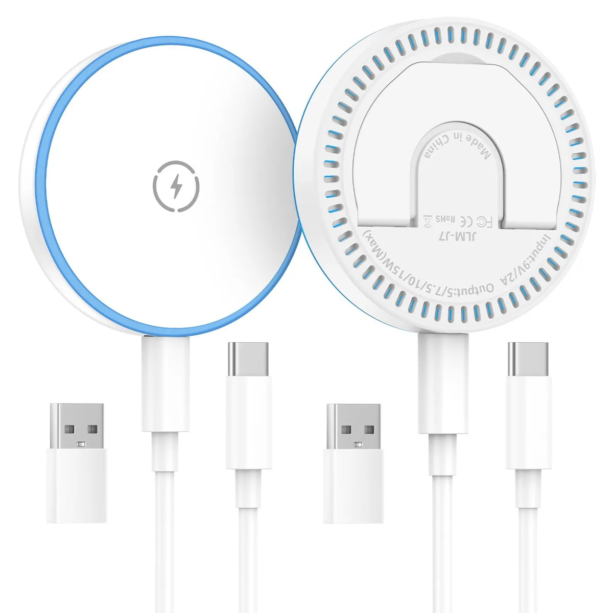 Two compact square wireless chargers with foldable kickstands and braided USB-C cables