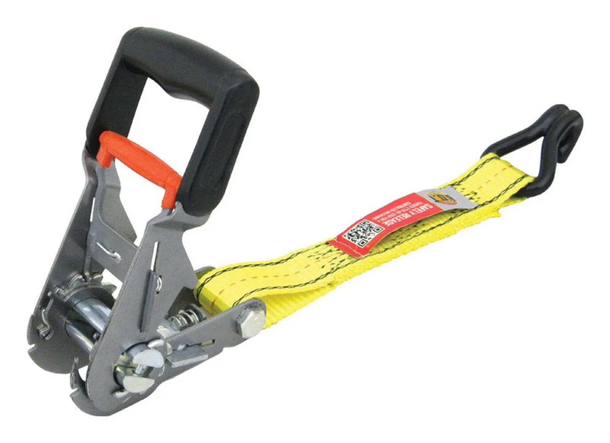 Yellow polyester tie-down strap with steel J-hooks and reversible ratchet, 20 ft length