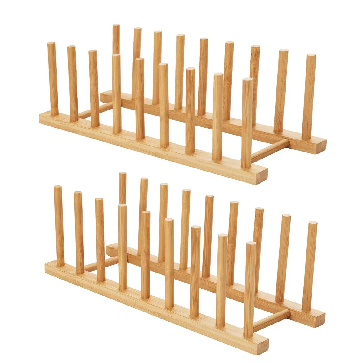 Two light bamboo plate racks with eighteen vertical pegs forming eight slots each