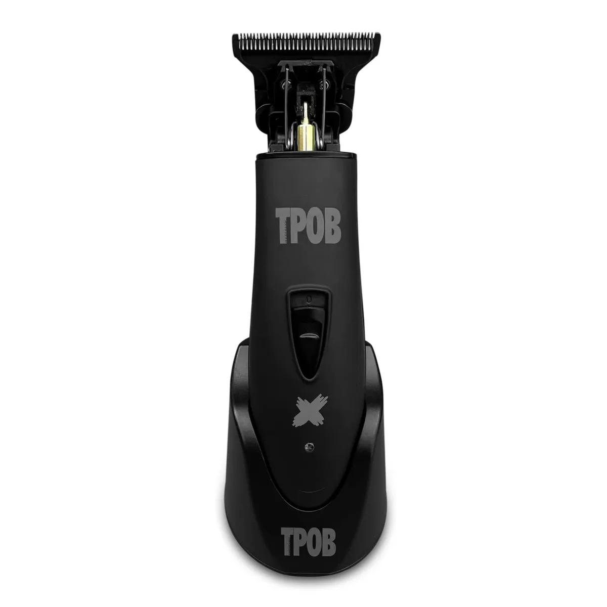 Black cordless beard trimmer with T-blade and five attachment combs