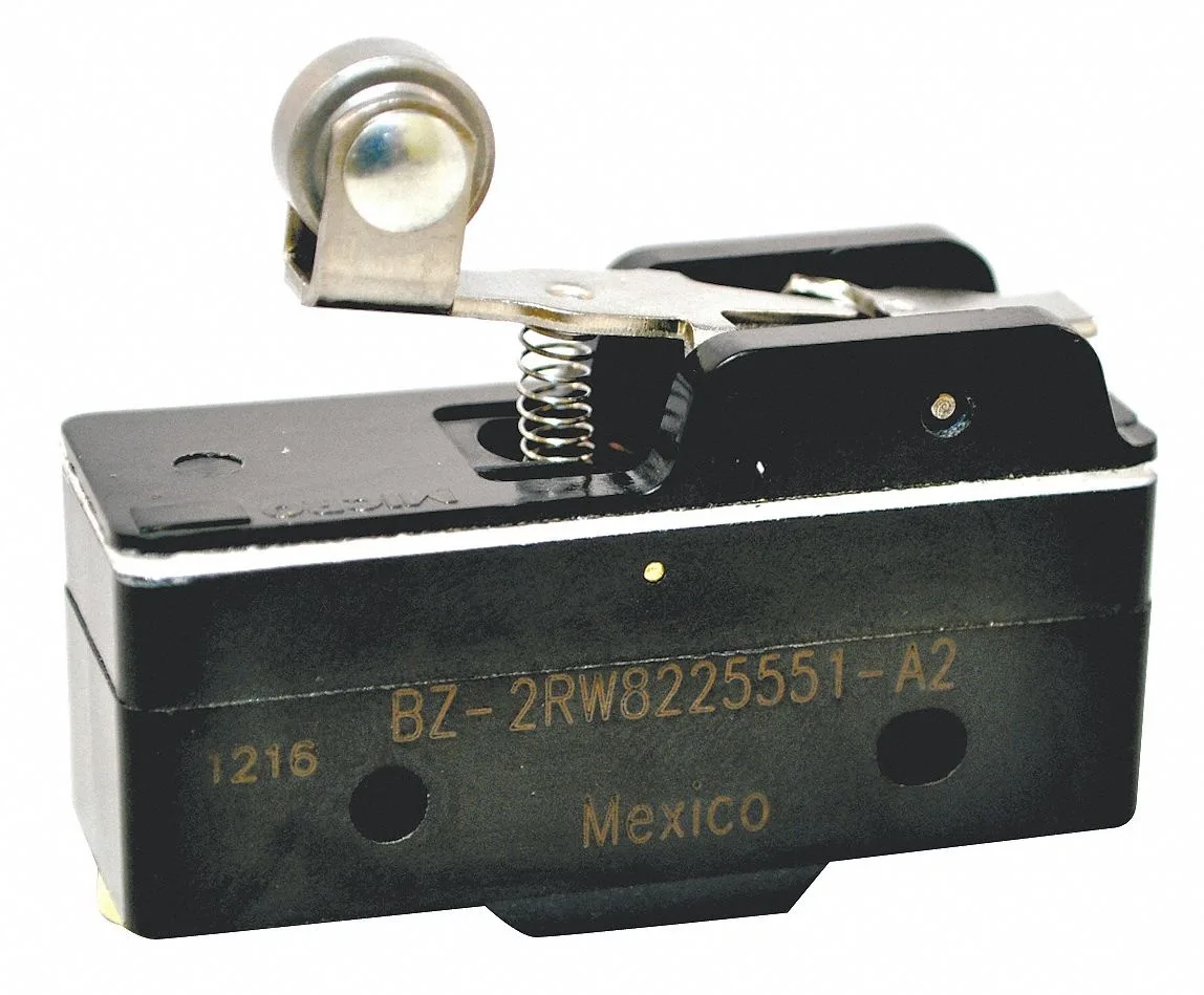 Small rectangular switch with short roller lever actuator, screw terminals, matte finish
