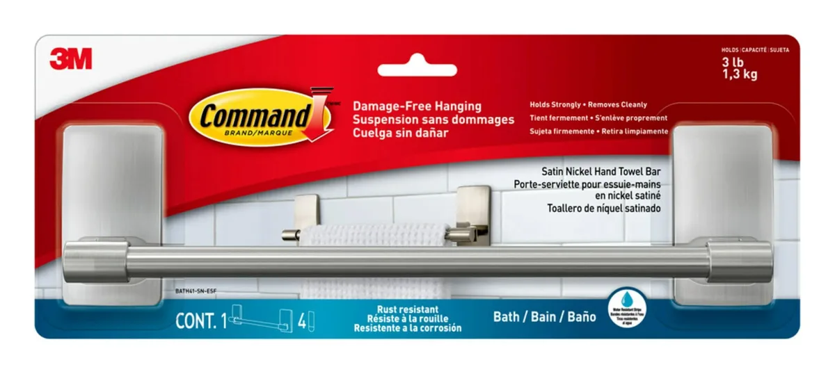 Satin nickel hand towel bar, 9 inches, with four adhesive strips