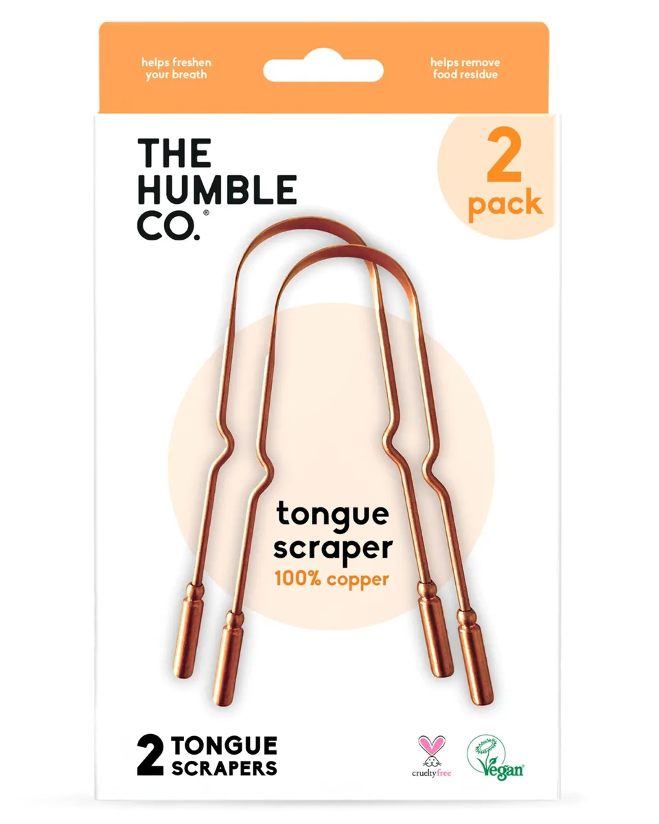 Two copper tongue scrapers with curved handles and smooth metallic finish