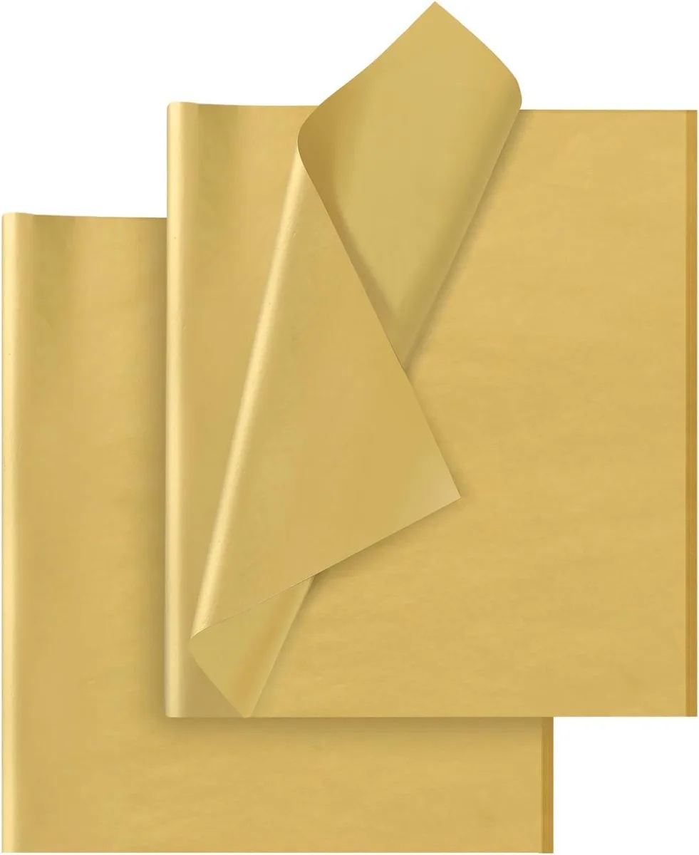 A stack of thirty gold tissue paper sheets, fourteen by twenty inches, smooth finish