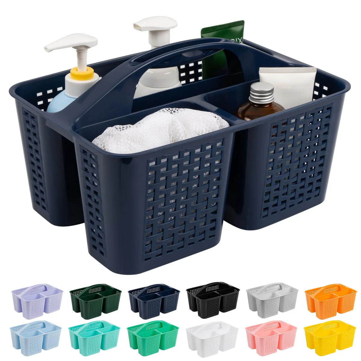 Rectangular white plastic shower caddy with handle and drainage holes, 12.4 inches long