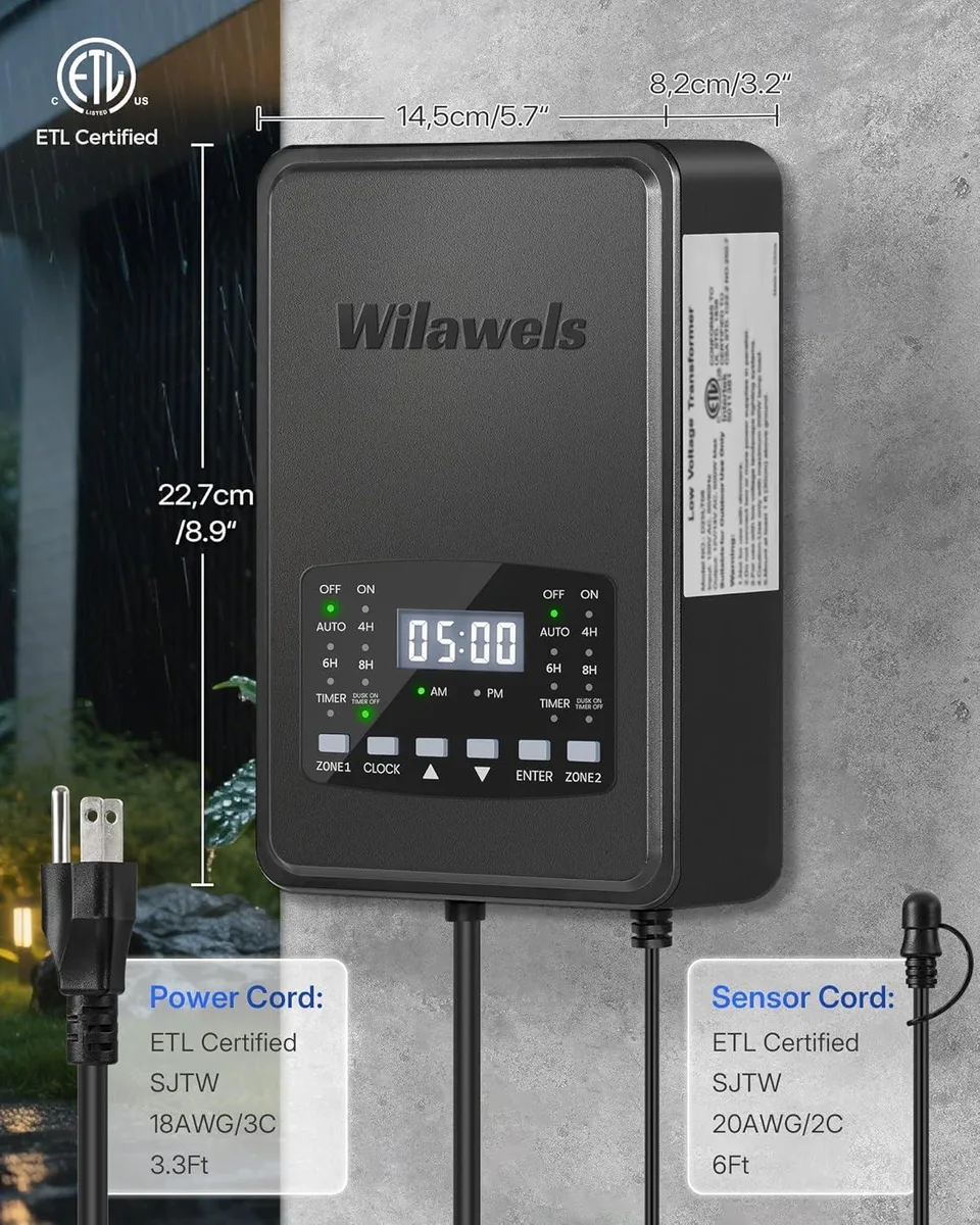 Rectangular grey outdoor transformer with two zone buttons and photocell sensor