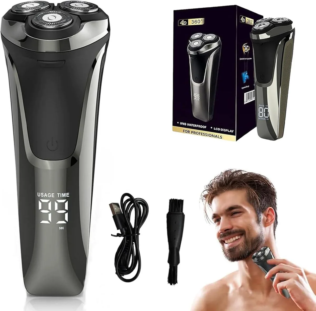 Black rotary shaver with three floating heads and LCD display