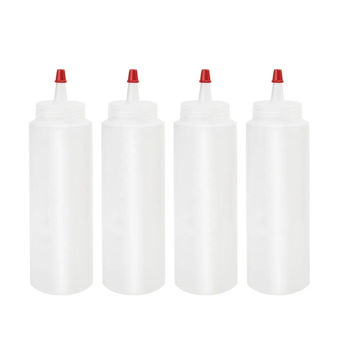 Four white plastic 8oz squeeze bottles with red tip caps standing upright