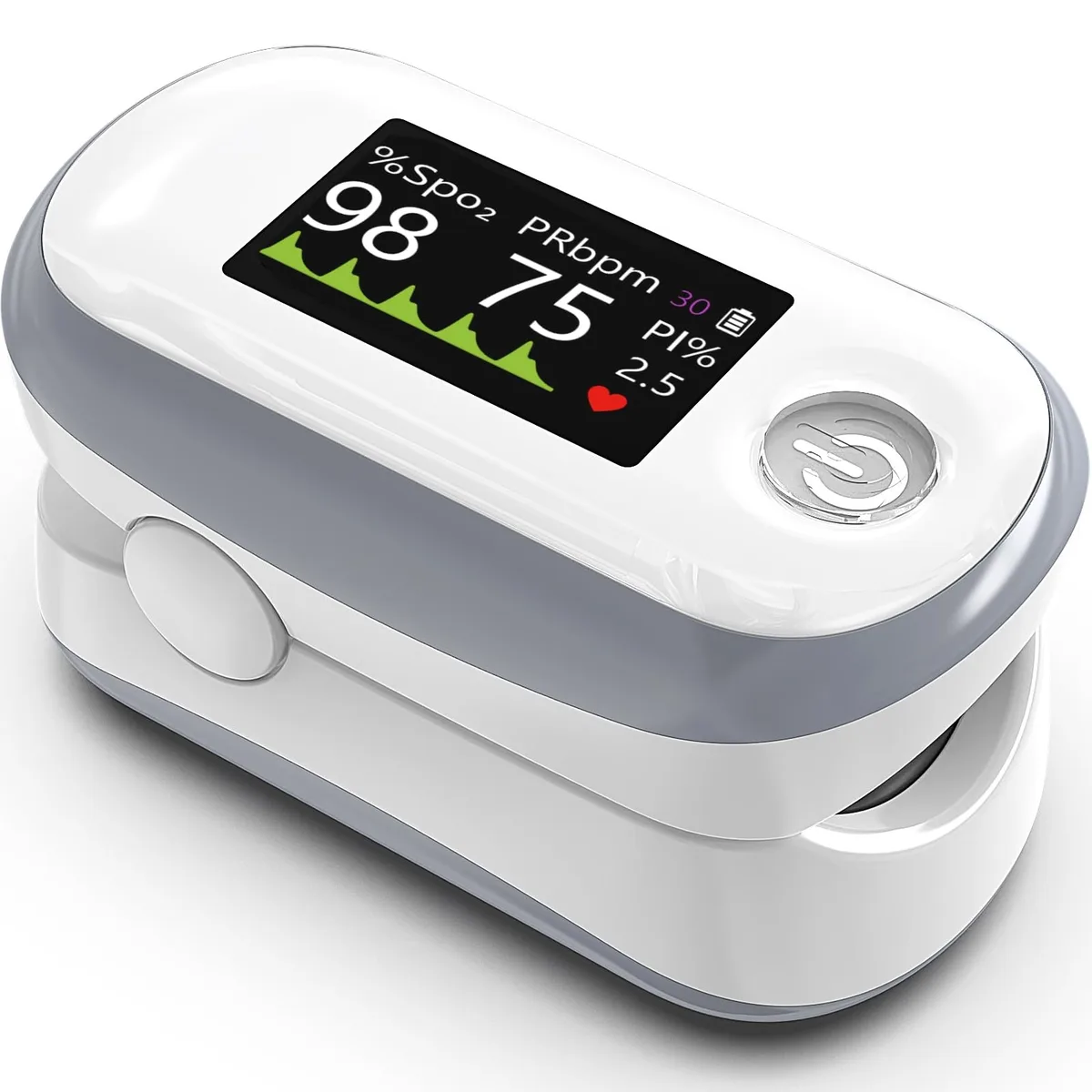 White fingertip pulse oximeter with 1.3" OLED screen