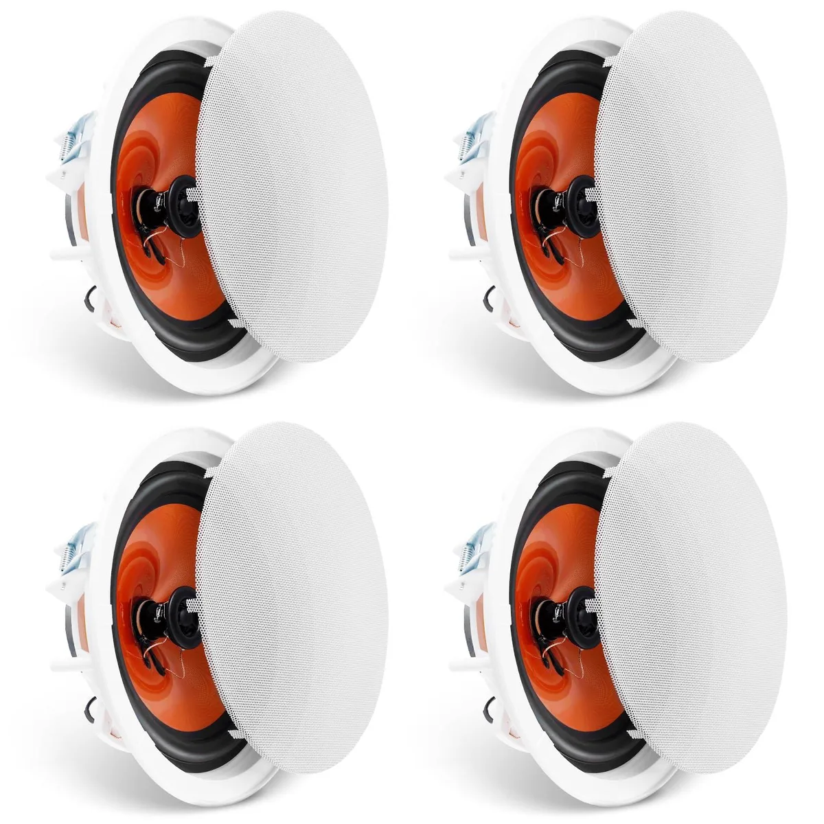 Four black round ceiling speakers with white cones and silver tweeters, flush-mount design