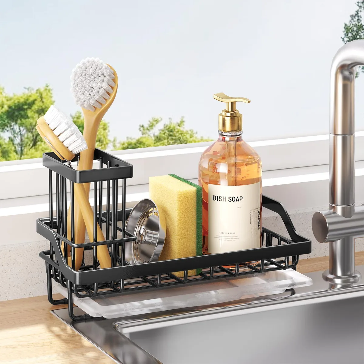 Black 304 stainless steel rectangular sink caddy with removable drip tray, anti-slip pads, hollow drainage design, 8.26 x 3.54 x 4.7 in