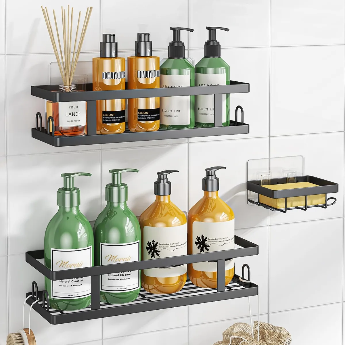Three black metal shower caddies with soap holder and twelve hooks