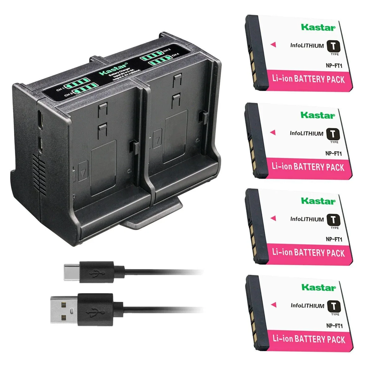 Kastar Kastar NP-FT1 4-Pack Battery &amp; Quadruple Charger 1300mAh — product photo
