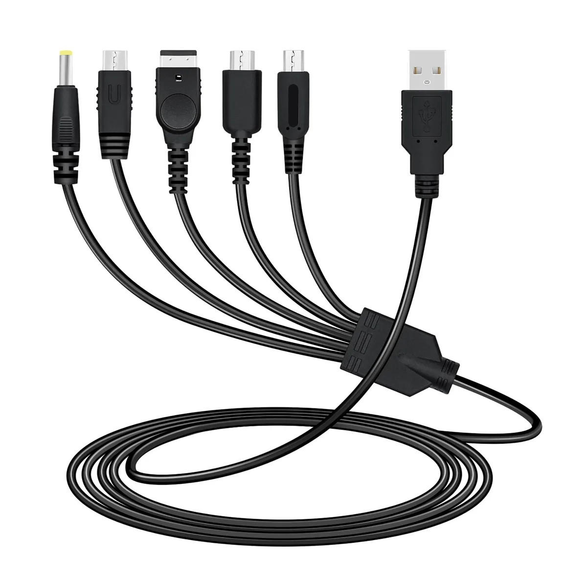Black USB-A cable with ten detachable gaming connectors, 3.9 ft long