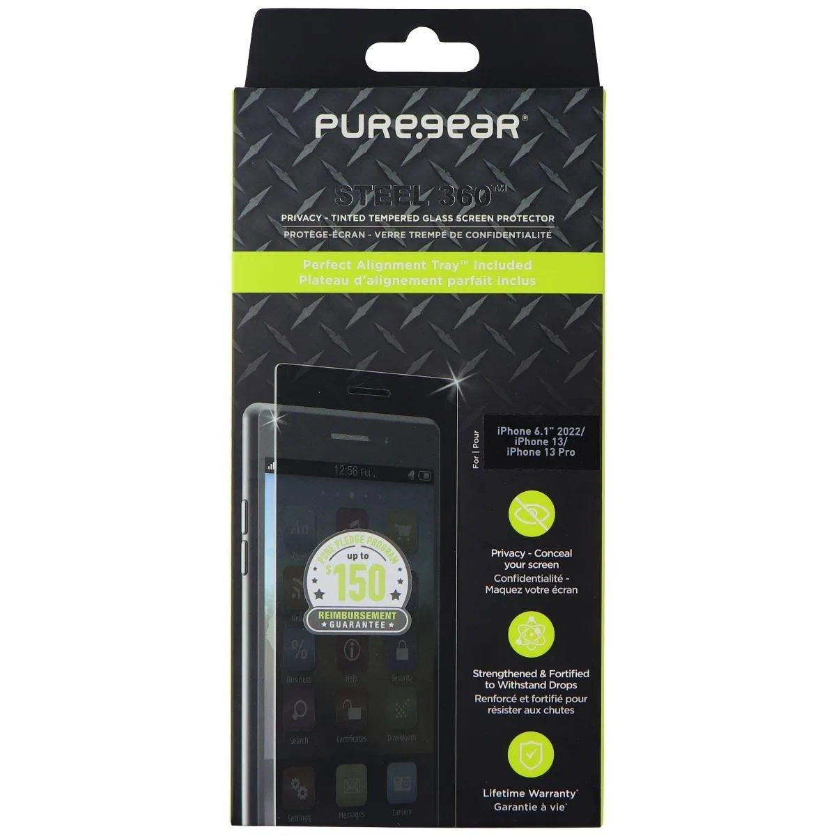 PureGear PureGear Steel 360 Privacy Tinted Tempered Glass cover for iPhone 14 13 13 Pro — product photo