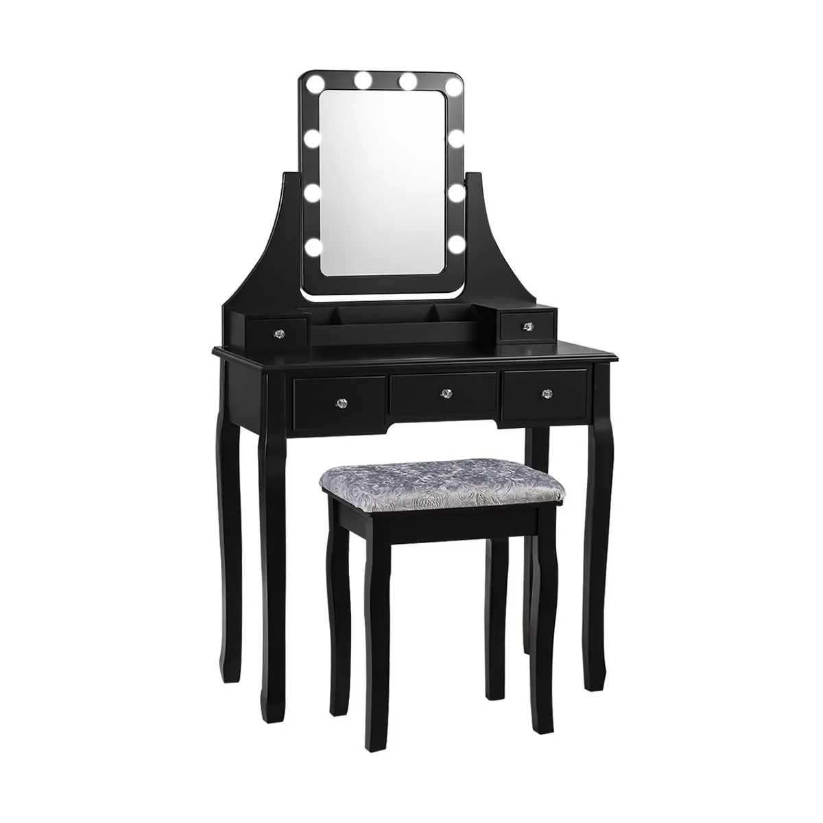 Black vanity table with 10 dimmable bulbs, rotatable mirror, drawers, and cushioned stool