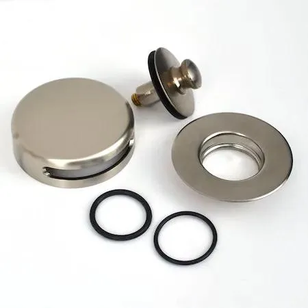 Brushed nickel lift-turn bath stopper with snap-on overflow plate