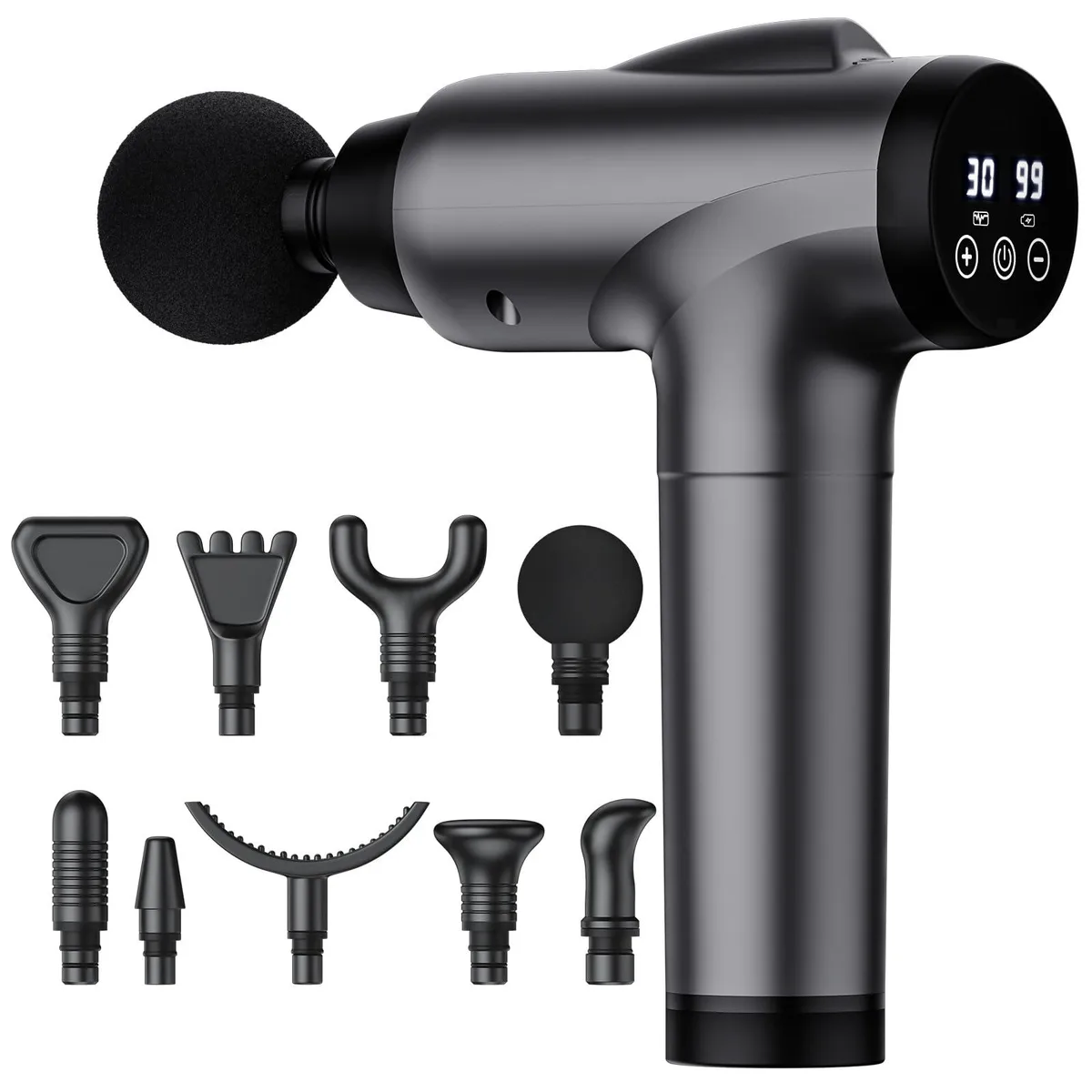 Grey handheld massage gun with textured grip and interchangeable heads