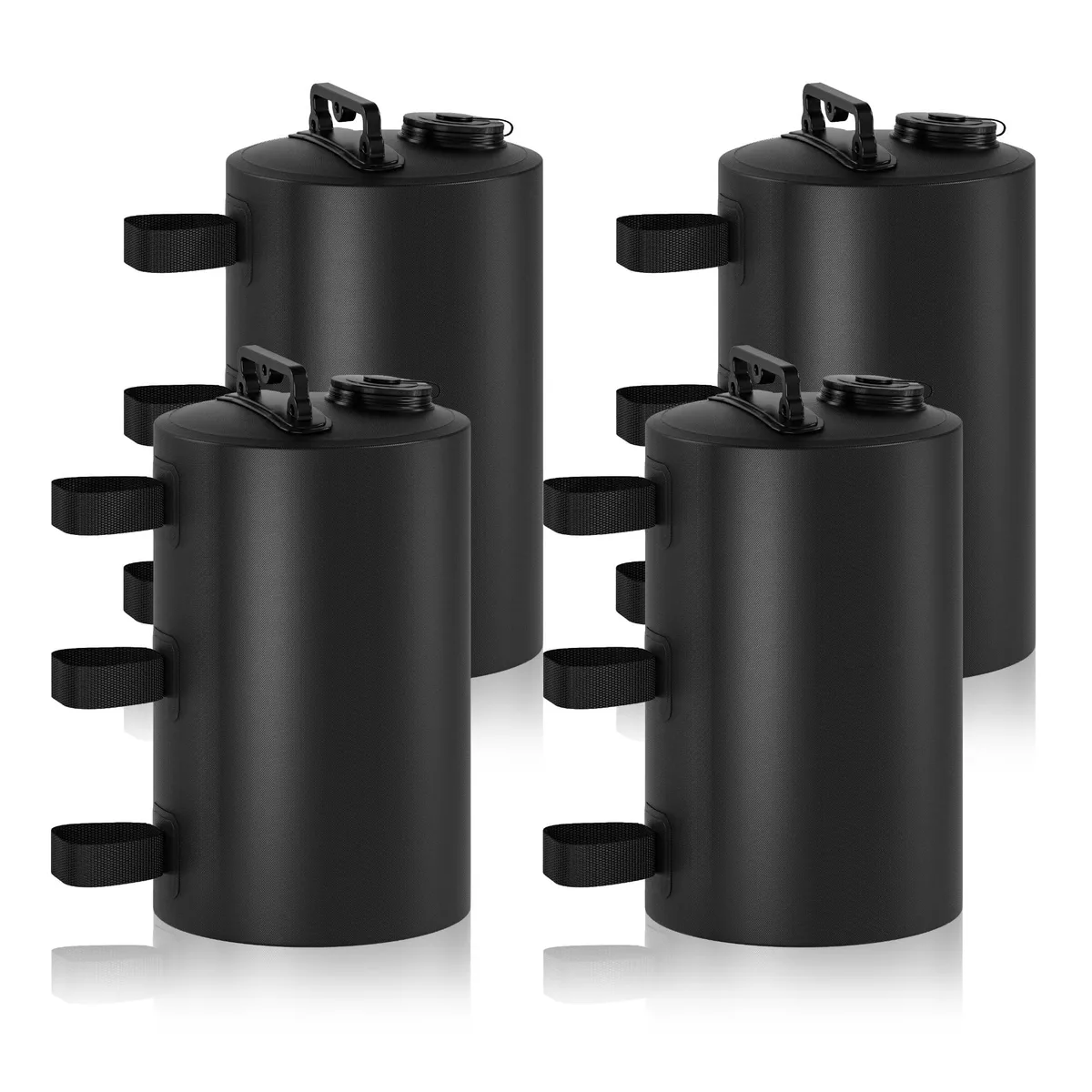Four black PVC water-weight bags, each 10 L capacity, with screw caps and carry handles