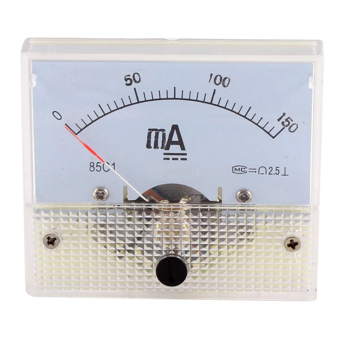 Rectangular analog panel ammeter with clear face and black bezel, 55 by 63 mm