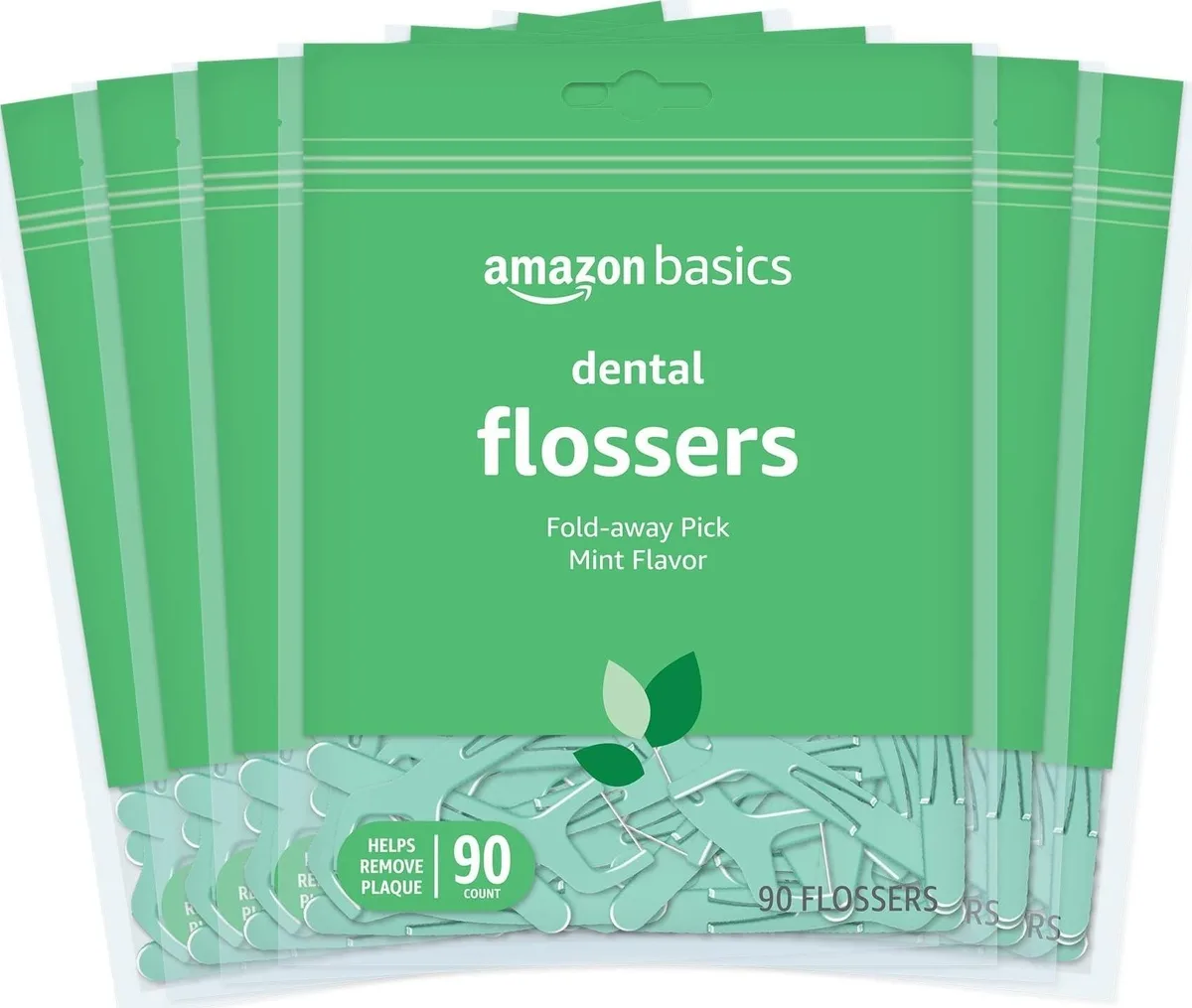 Six packs of ninety mint flossers in a cardboard box
