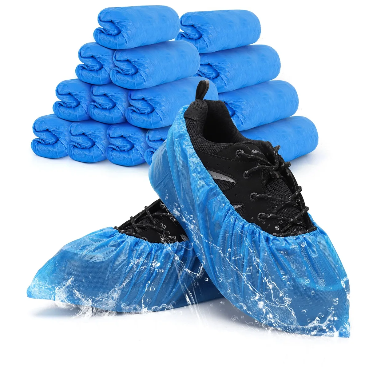 Pack of 200 blue disposable shoe covers, 15.7 inch length, CPE material