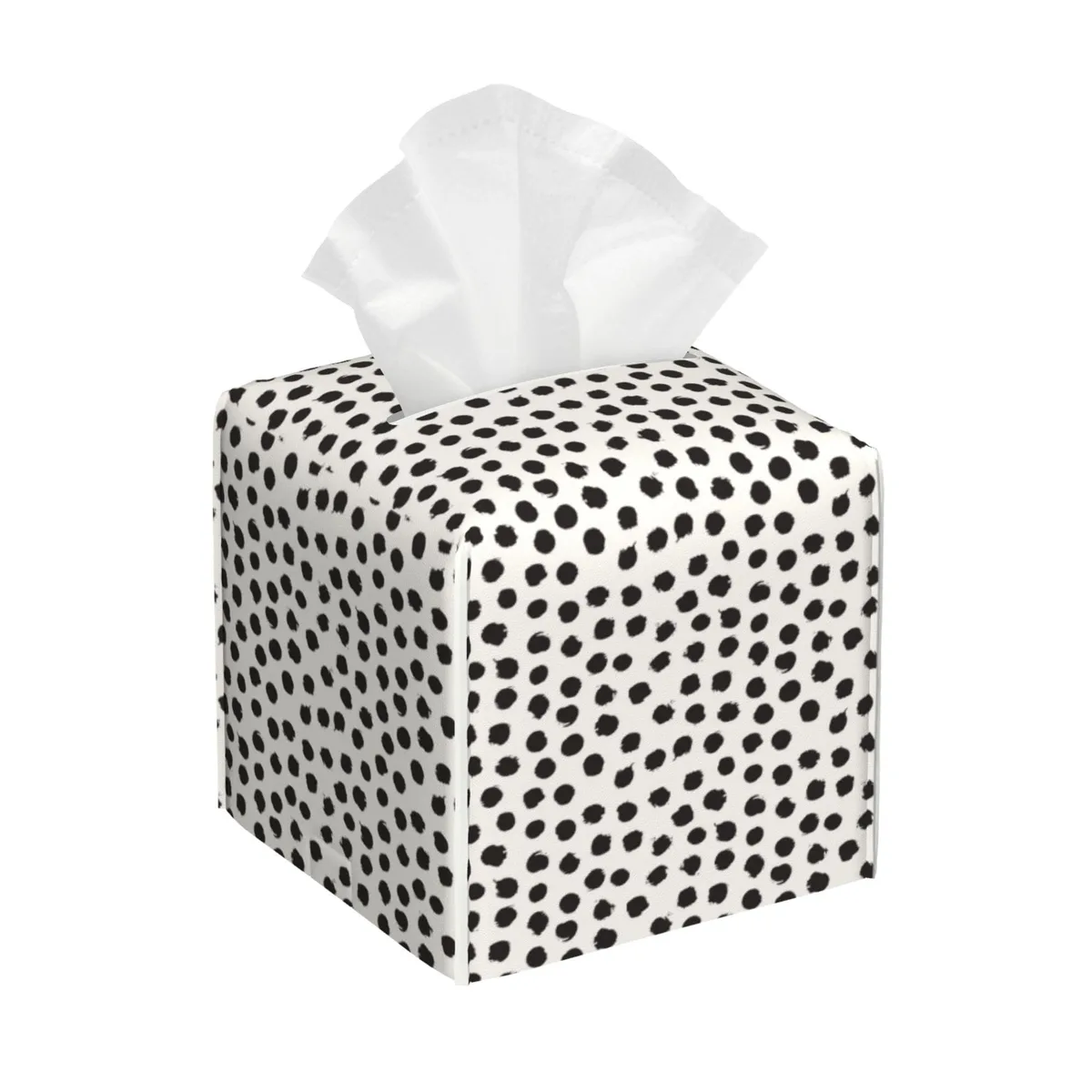 Square black leather tissue box cover with white polka dots and Velcro base opening