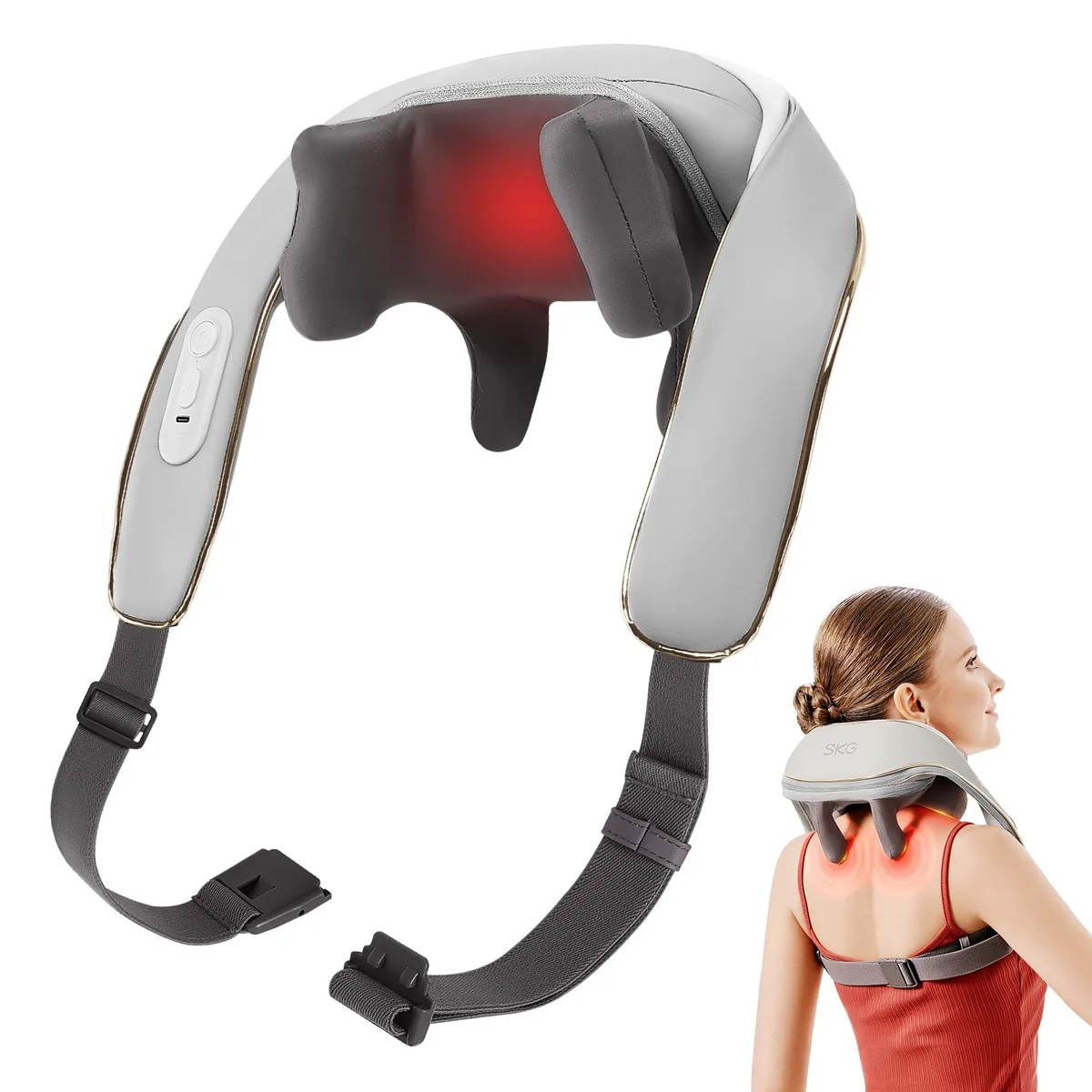 Silver wrap-around neck massager with leather finish and backpack-style straps