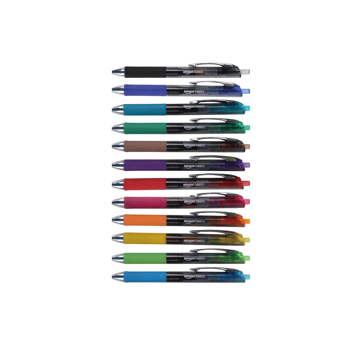 Twelve retractable gel pens in assorted colours with comfort grips
