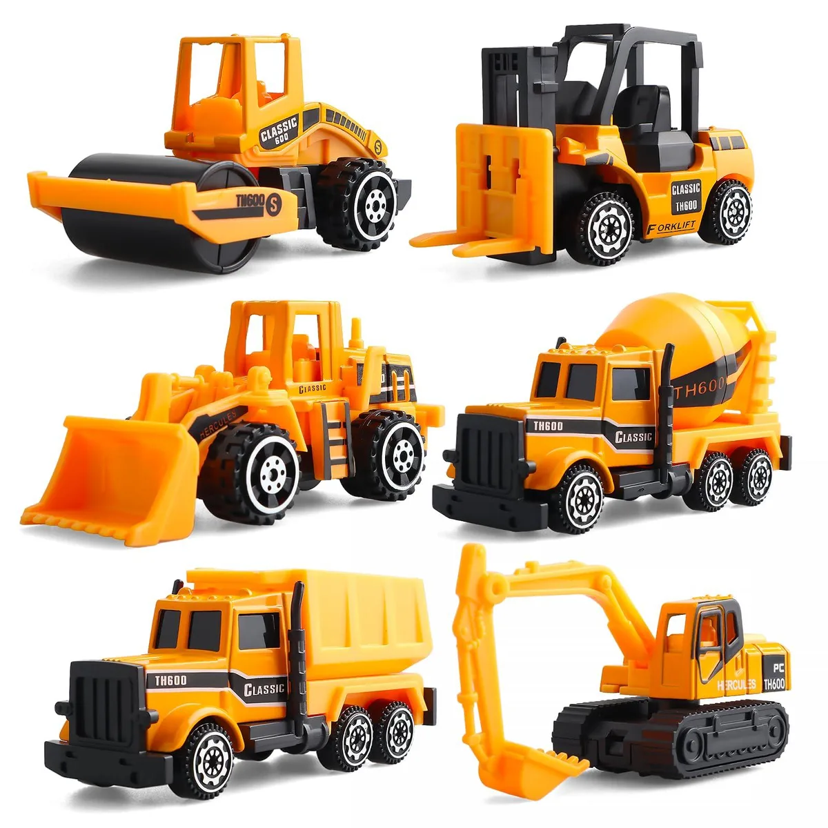 Six 1:64 scale diecast construction vehicles in metal and plastic