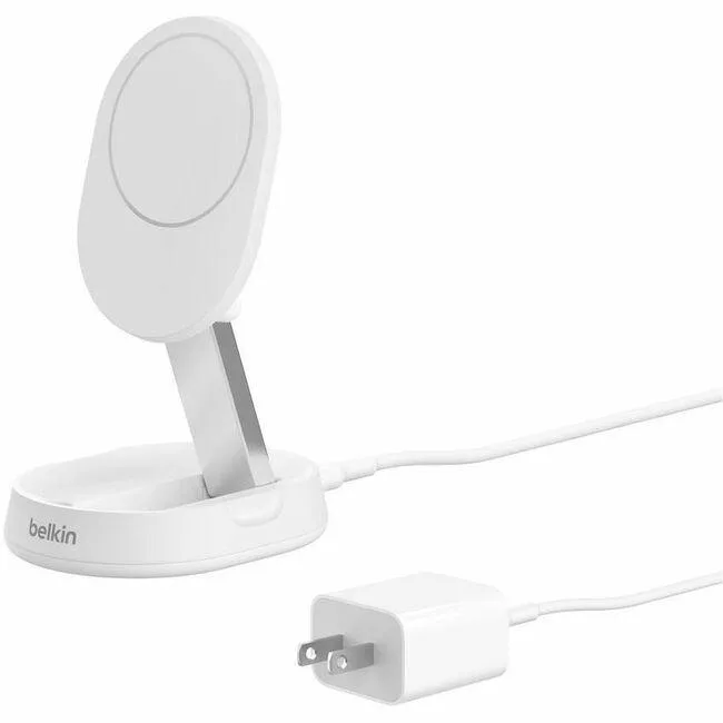 Compact magnetic Qi2 wireless charging stand with adjustable tilt, folds flat for pad mode