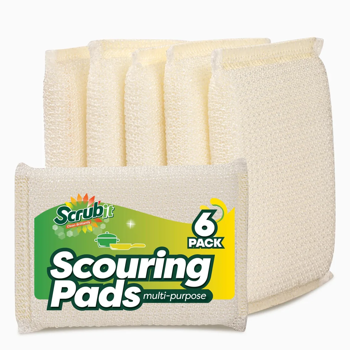 Pack of six white rectangular scrub sponges in compressed bottle packaging
