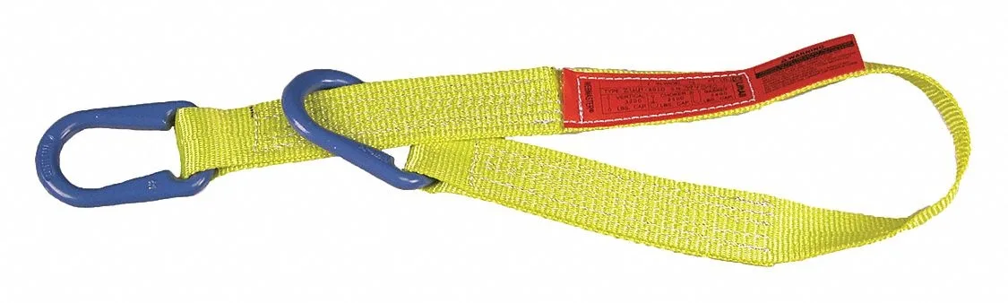 Yellow nylon web sling flat webbing two inches wide three feet long double ply construction visible stitching at ends