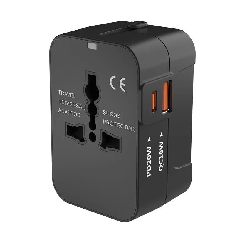 Black rectangular travel adapter with sliding pins, USB-C and USB-A ports