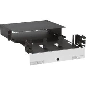 Black 2U rack-mount fiber enclosure with hinged front and rear doors