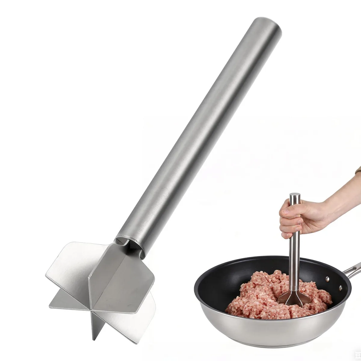 Stainless steel 6-blade meat masher, silver finish, sealed handle, 9.92 in long