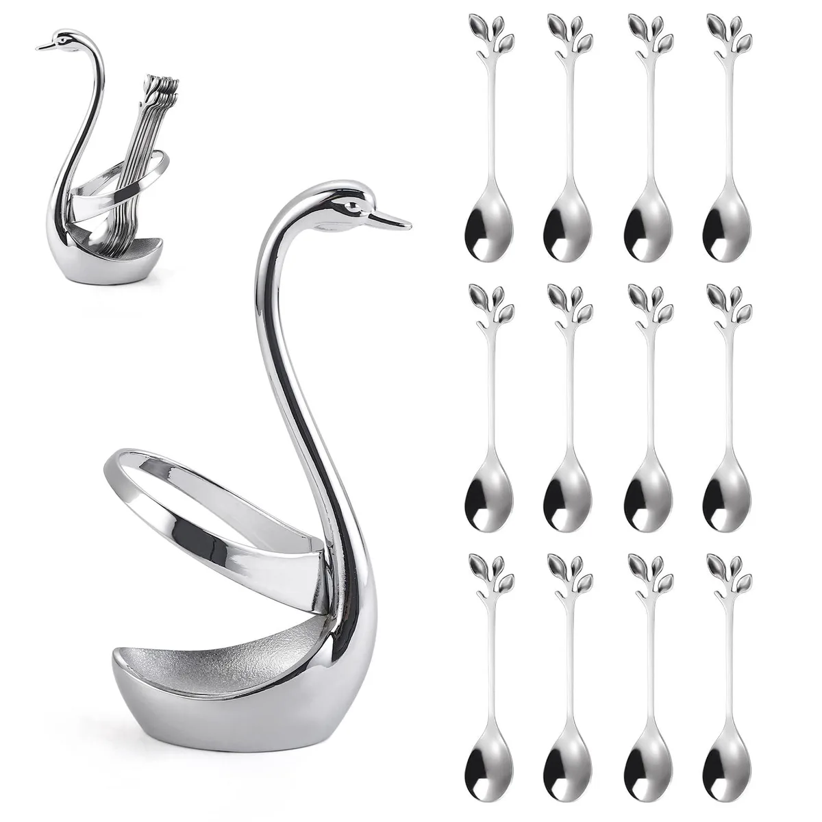 Silver stainless steel swan base holding twelve leaf spoons