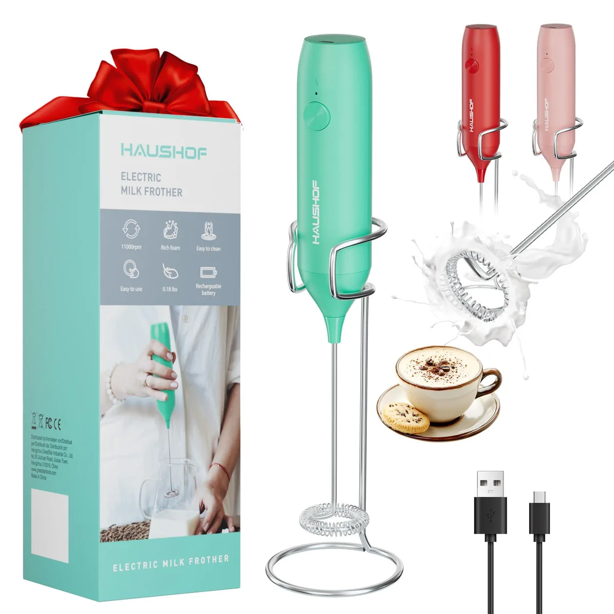  Brentwood HAUSHOF Green Handheld Milk Frother with Stand — product photo