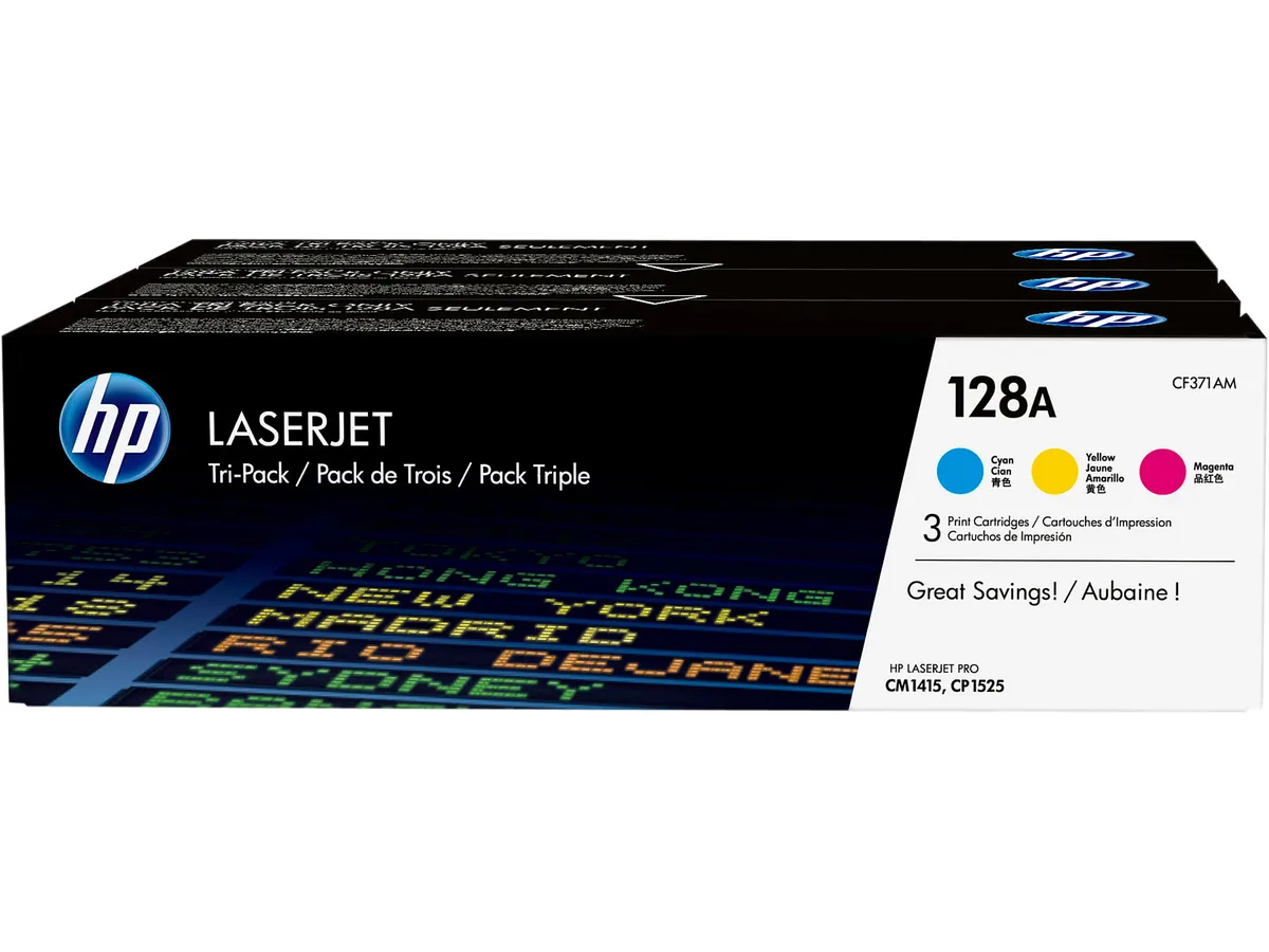 HP HP 128A CF371AM Tri-Color Toner Cartridge 3-Pack 1300 Pages — product photo